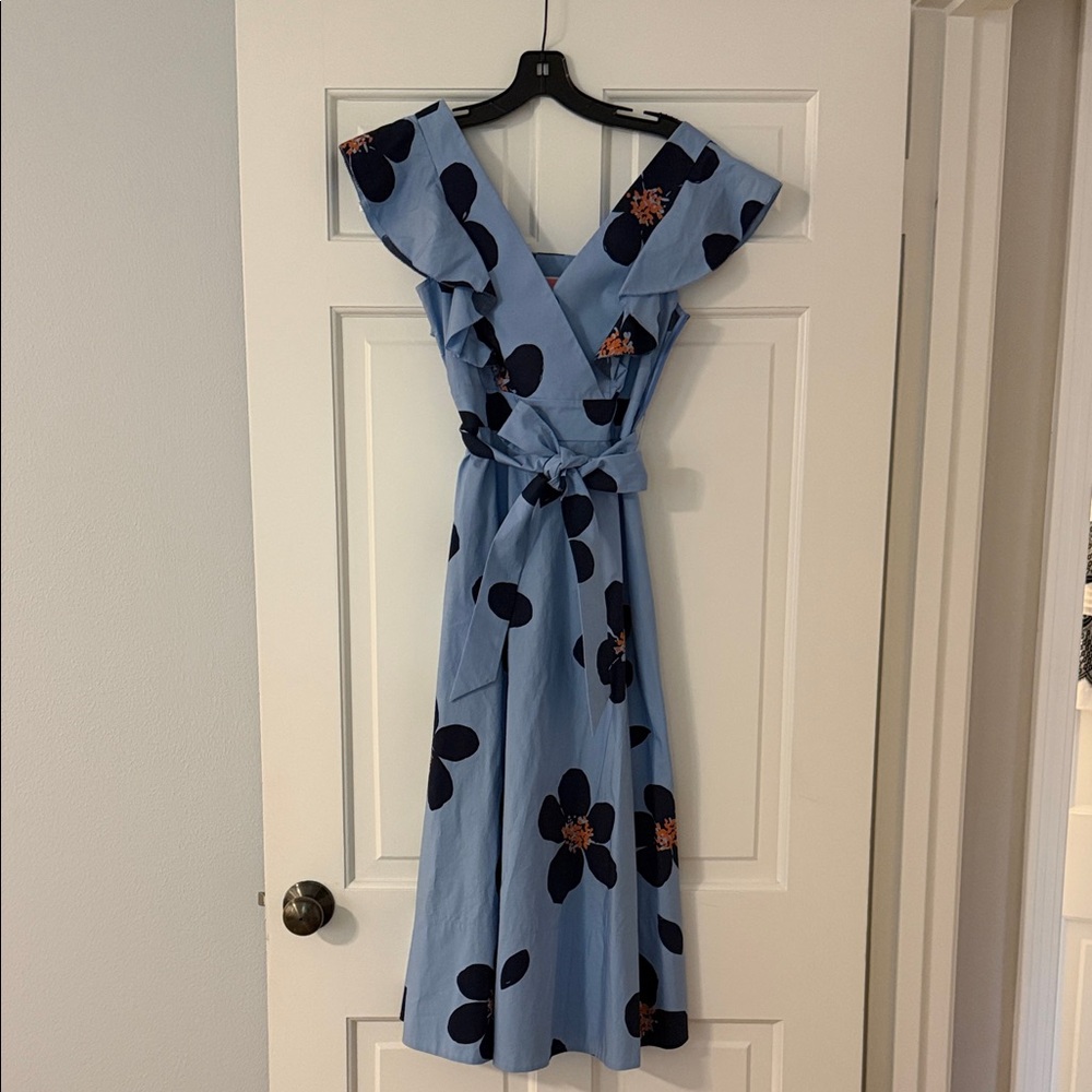 Kate Spade Light Blue Midi Dress with Black Floral Design